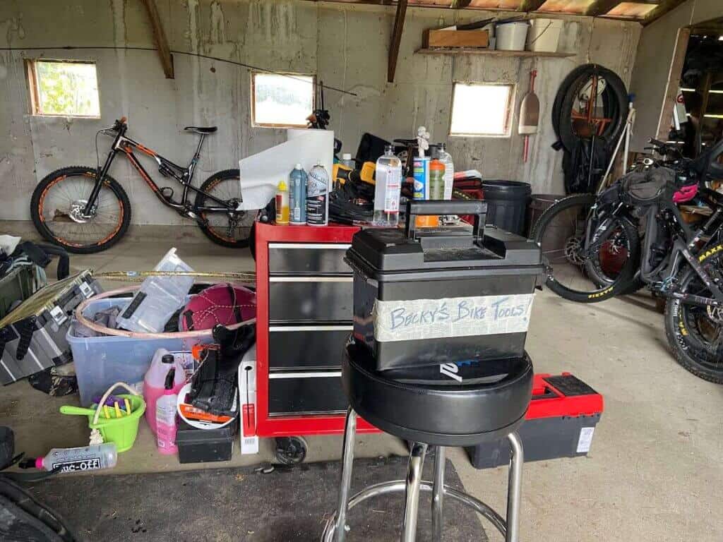 Mountain bike tool workstation in garage