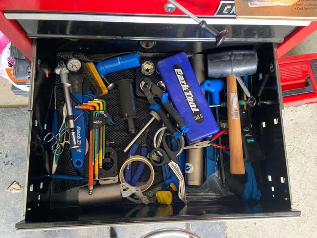 Drawer full of tools for mountain bike maintenance