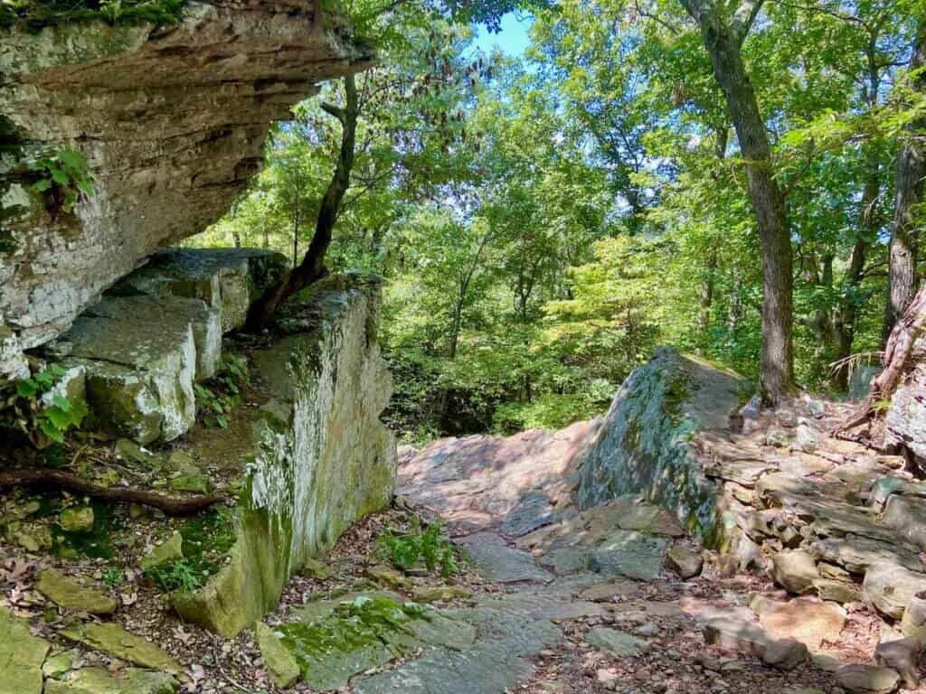 Mountain bike trail at Mt. Fitzgerald in Arkansas make out of flat stones 