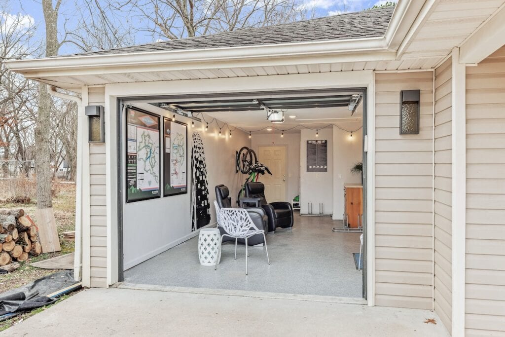 Open garage with chairs