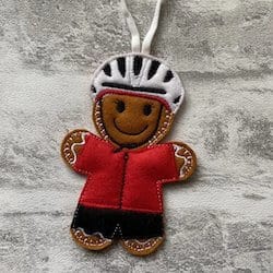 Stitched and stuffed gingerbread cyclist Christmas ornament
