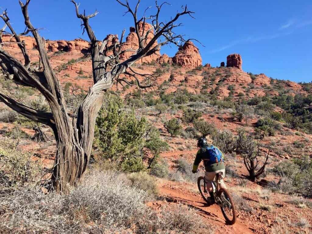 Mountain biker riding singletrack trail in Sedona with red rock formations in distance