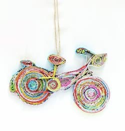 Christmas bike ornament made out of colorful recycled paper