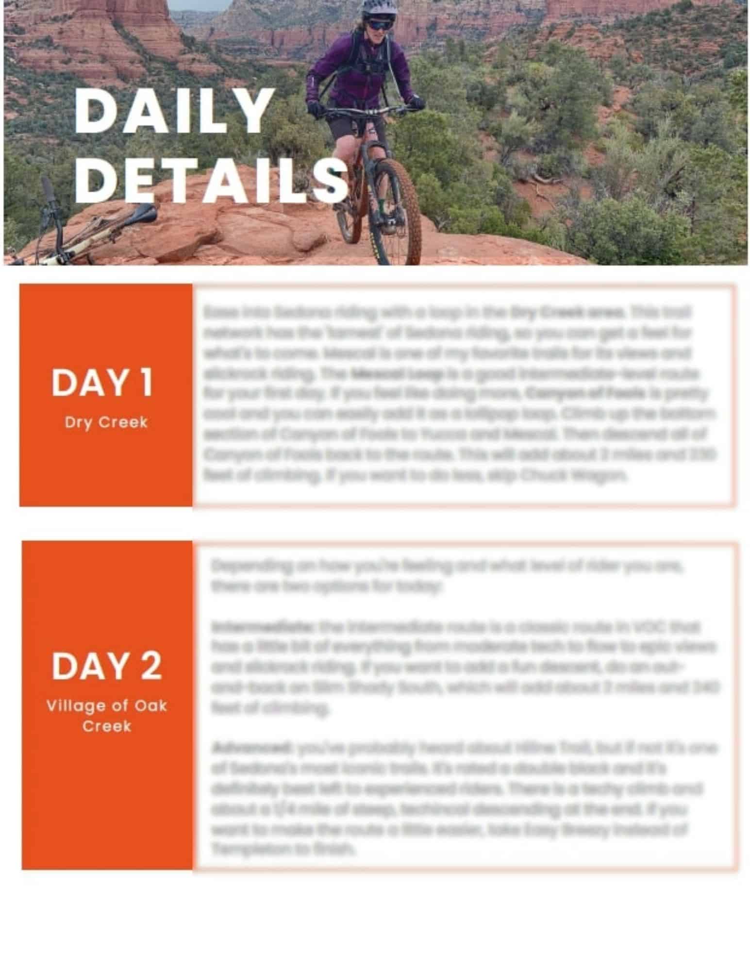 Screenshot of Sedona Mountain Bike Itinerary day 1 and day 2 details