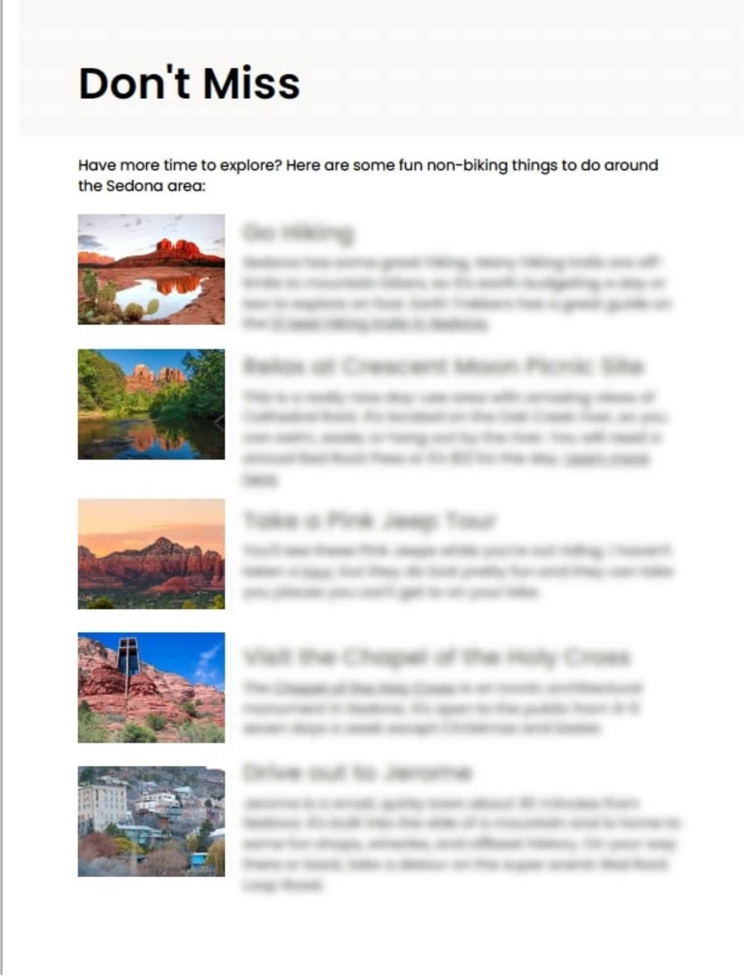 Screenshot of Sedona Mountain Bike Itinerary non-biking activity recommendations