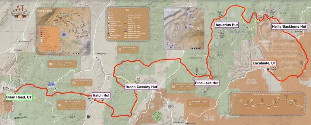 Map of the Aquarius Trail Hut System bikepacking route in Utah