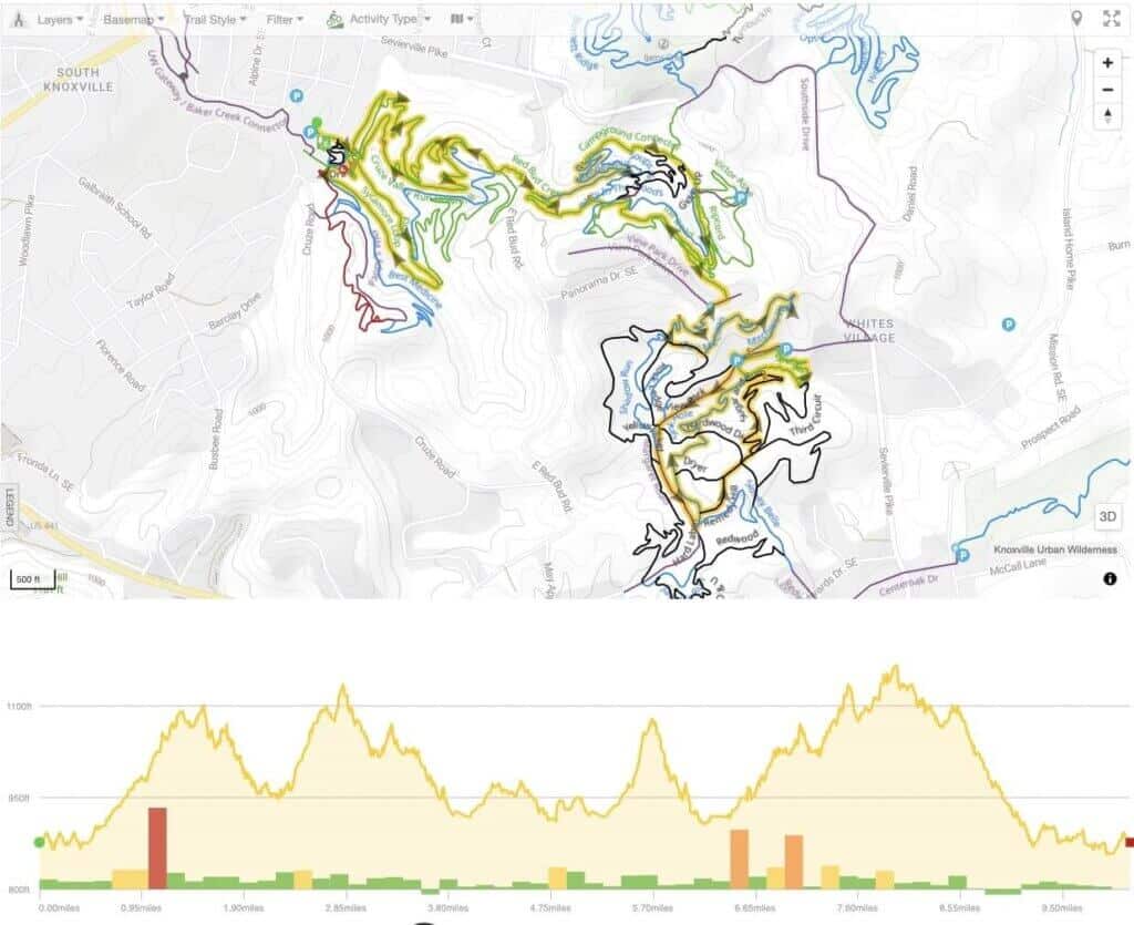 Screenshot of mountain biking route map in Knoxville Tennessee