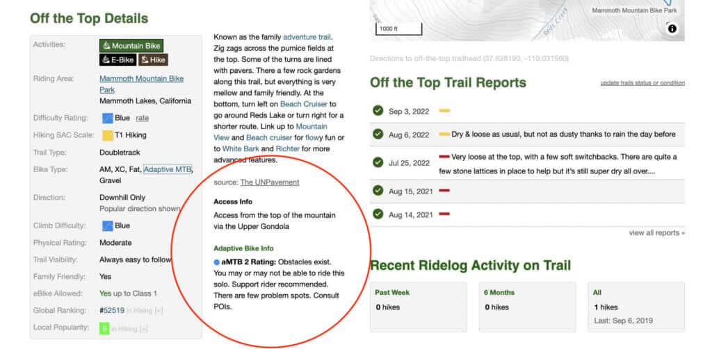 Screenshot of trail guide from TrailForks for Off the Top mountain bike trail at Mammoth Bike Park with adaptive mountain biking rating circled in red.