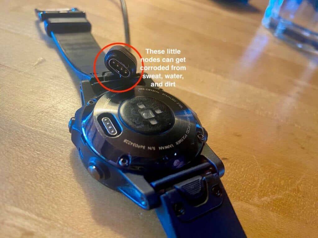 Backside of Garmin Fenix watch and charging cable with red circle around it with overlay text that says "These little nodes can get corroded from sweat, water, and dirt"