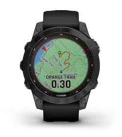 Garmin Fenix watch face showing NextFork map guide feature with distance to next turn