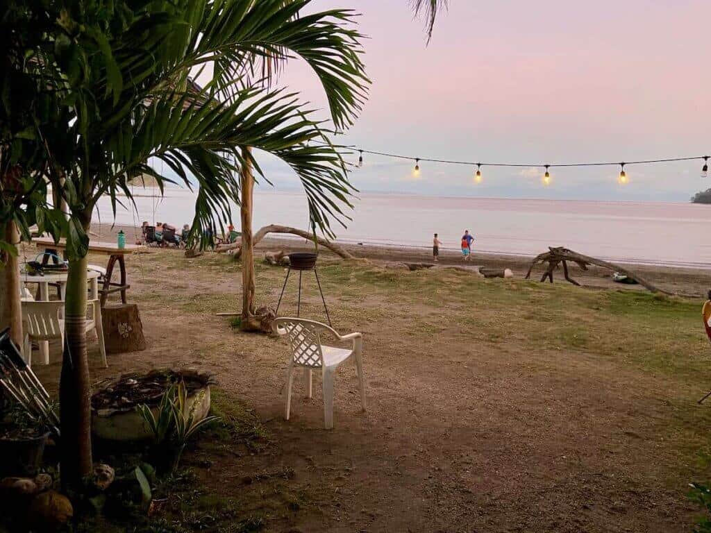 Sunset on beach in Costa Rica with string lights