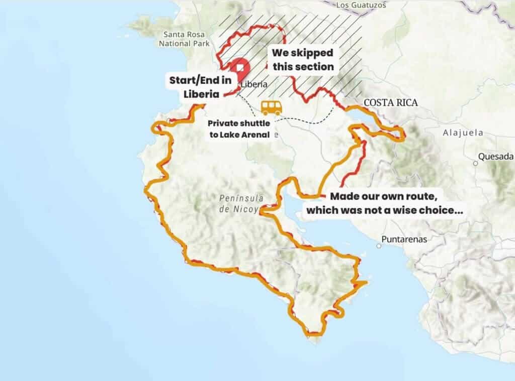 Map showing route of bikepacking trip through Costa Rica
