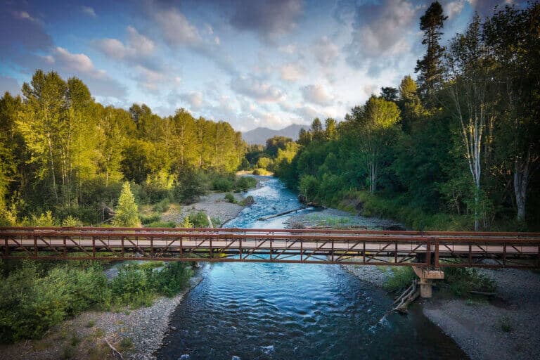 Rail trail bridge spanning river Olympic Discovery Trail on Olympic Peninsula in Washington