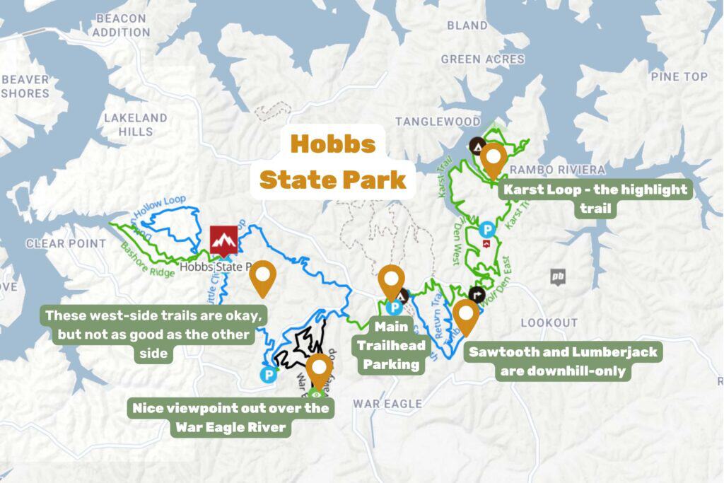 Map of the Hobbs State Park trails in Arkansas with markers of points of interest