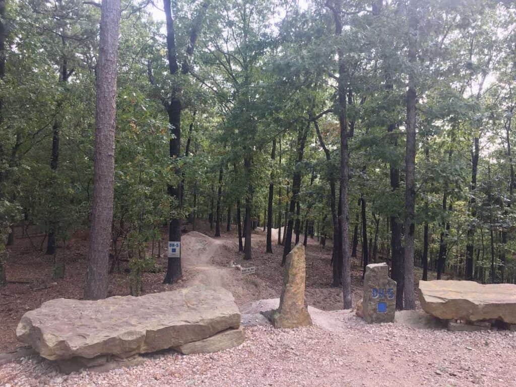 Drop in to mountain bike trails from hub at Lake Leatherwood Gravity Project in Arkansas