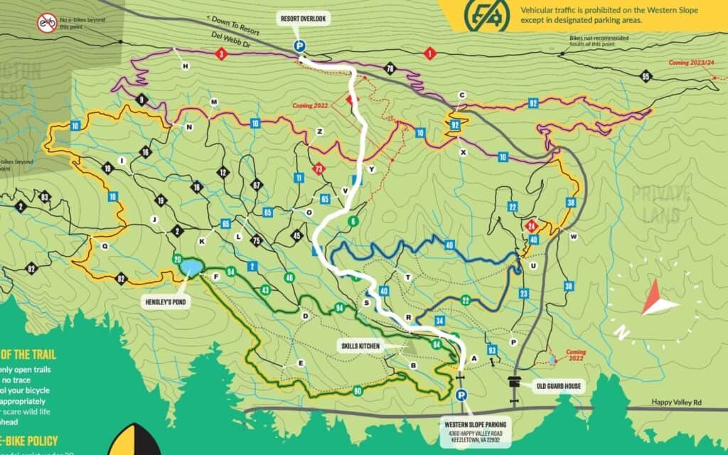 Massanutten Western Slope mountain bike route recommendation drawn in white on map