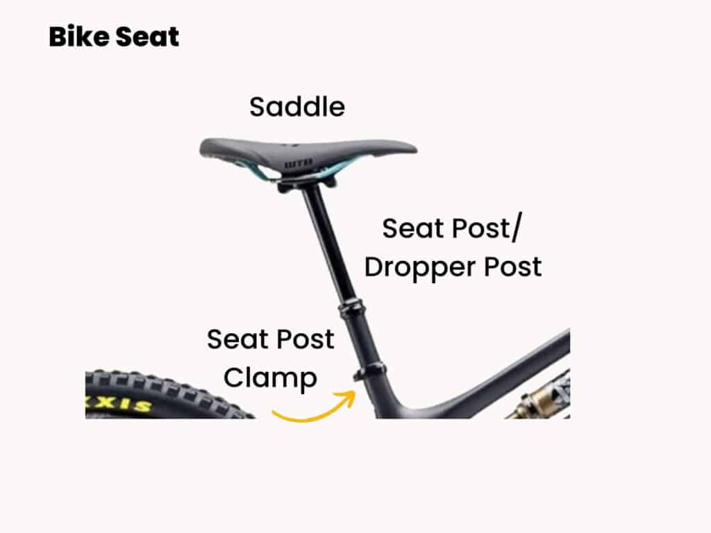 Parts of a bicycle seat labeled