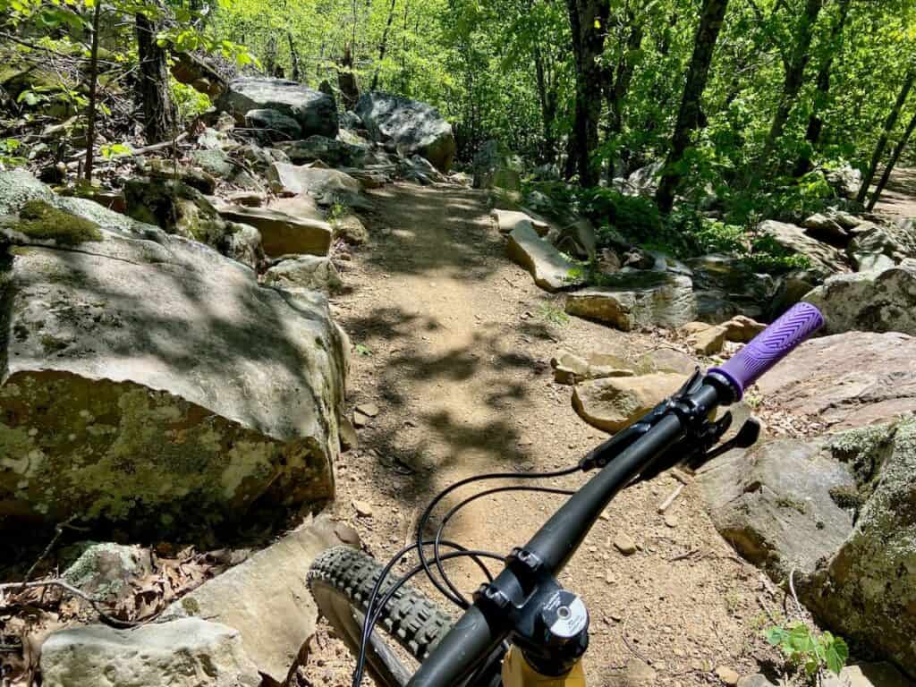 Photo out over front of mountain bike handlebars onto trail at Mt. Nebo State Park in Arkansas