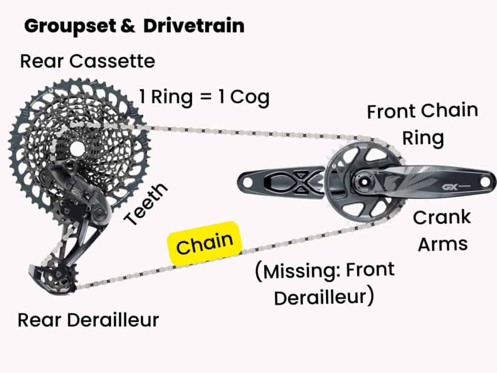 Parts of a bike drivetrain labeled with chain highlighted