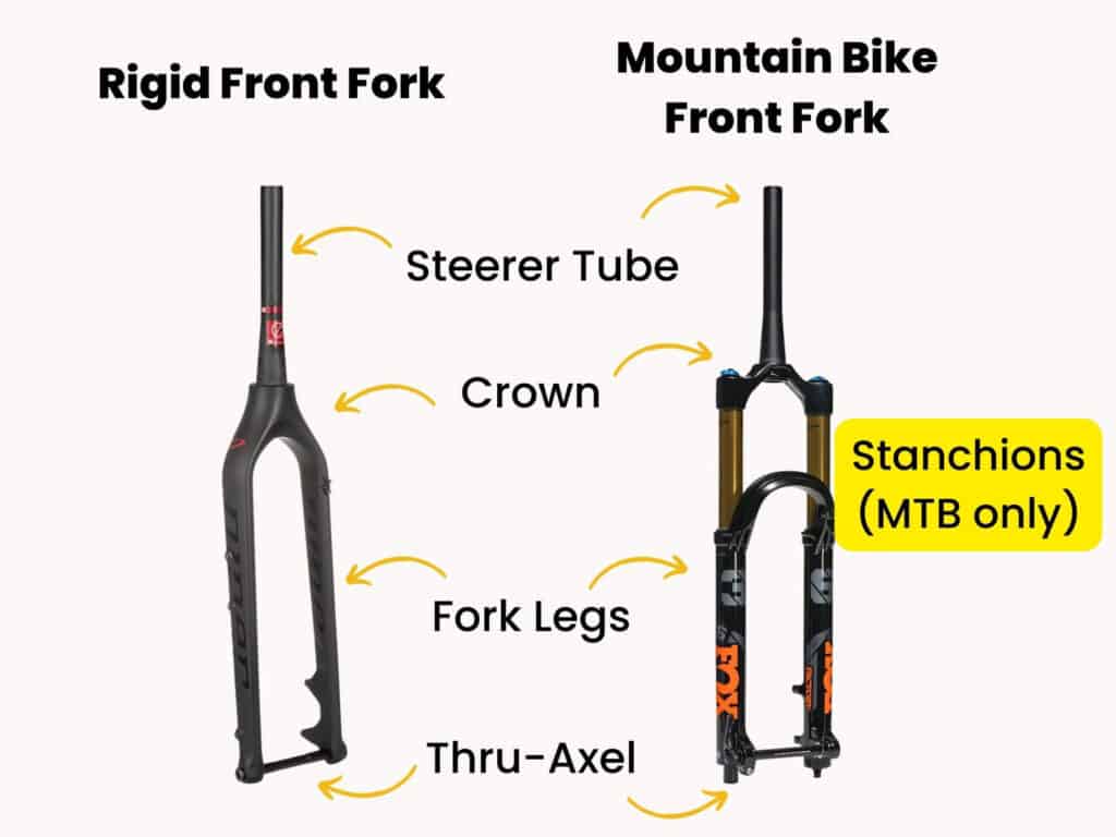 Parts of a bike fork labeled with stanchions highlighted