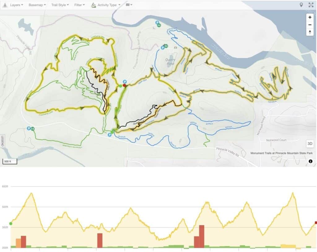 Screenshot of mountain bike route map at Pinnacle Mountain State Park in Arkansas
