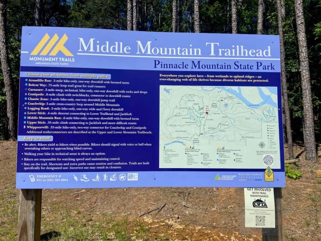 Middle Mountain Trailhead trail sign at Pinnacle Mountain State Park in Arkansas featuring a trail map and brief descriptions of trails