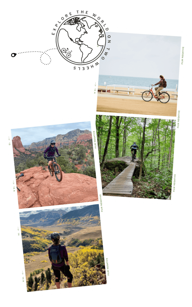 Collage of photos of mountain biking and biking
