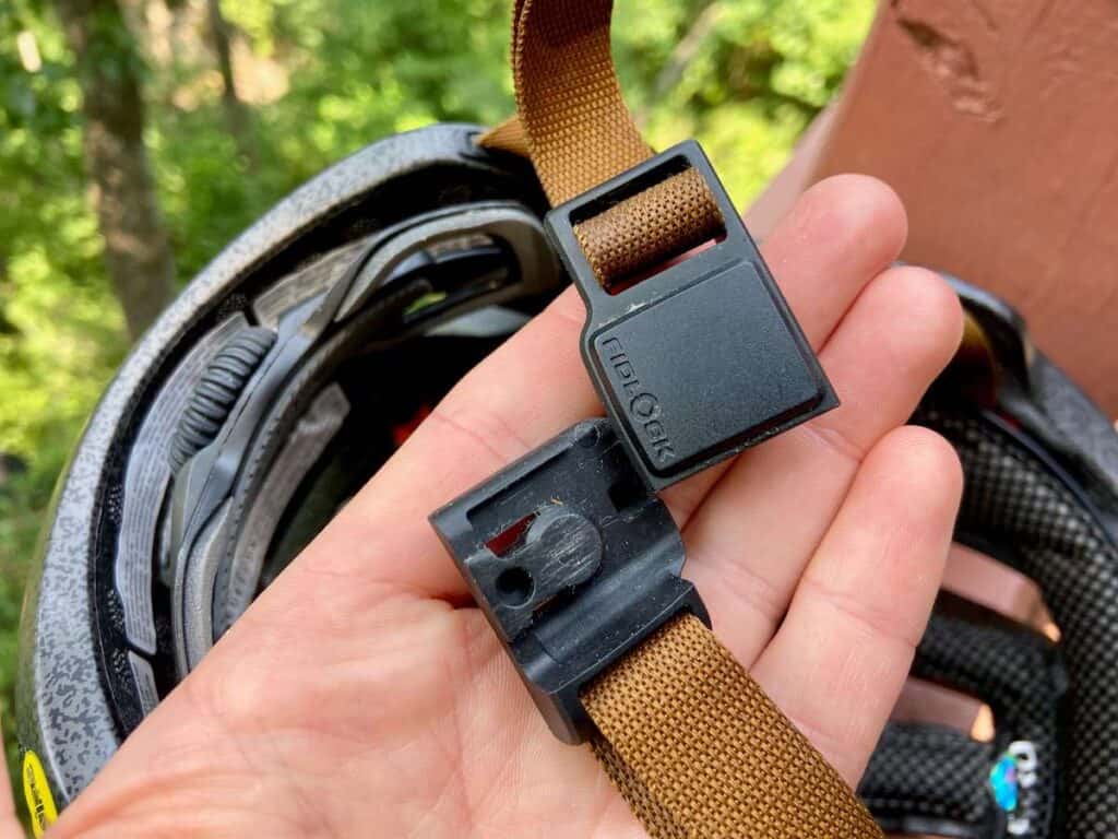 Close up of Giro Manifest Fidlock chin strap buckle open