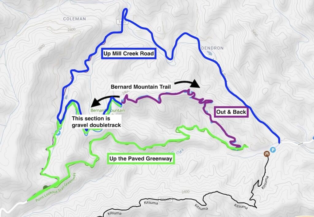 Map showing three routes to top of Bernard Mountain Trail in Old Fort North Carolina