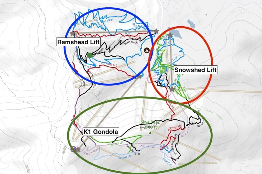 Map showing three different areas of Killington Bike Park accessed by three different chairlifts