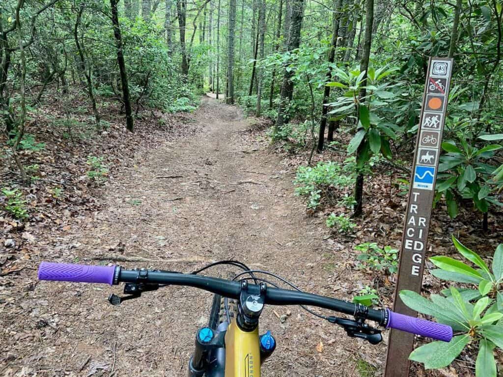 Photo out over front of handlebars onto singletrack trail in Pisgah National Forest. Trail sign with trail user icons and Trace Ridge on right