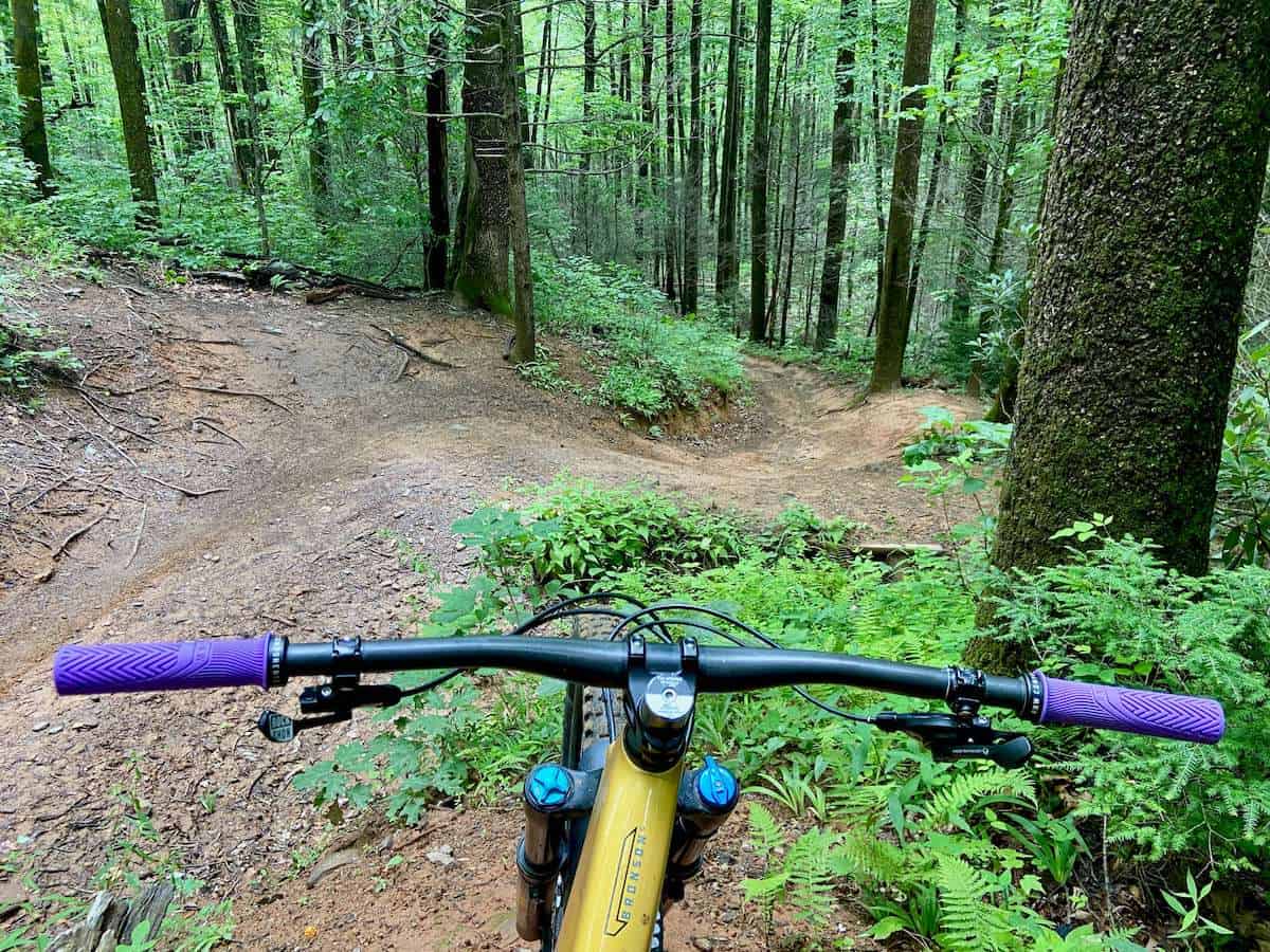 Photo out over front of mountain bike handlebars onto flowy singletrack trail in Pisgah National Forest, North Carolina