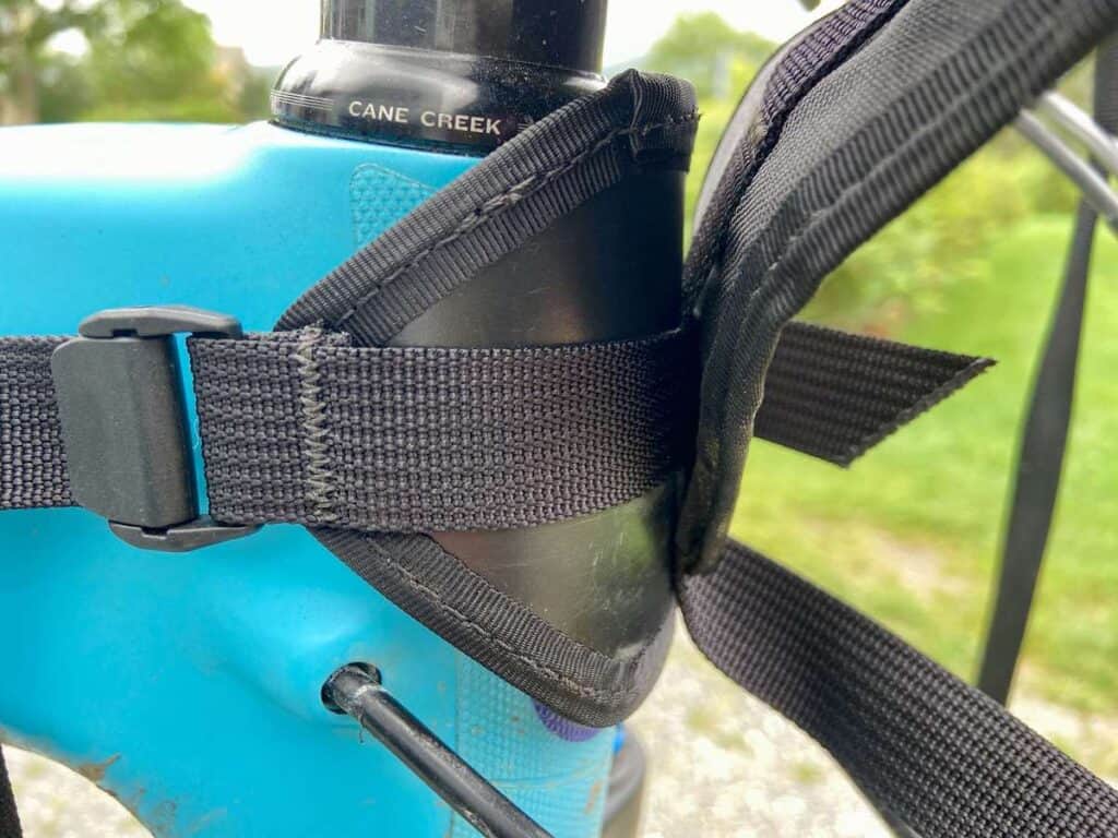Close up of Rogue Panda Canelo handlebar harness and GlidePlate attached to front of mountain bike
