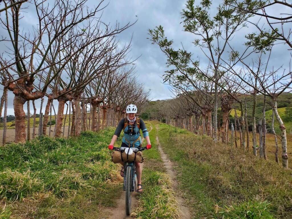 Woman riding loaded bikepacking bike on doubletrack road lined with trees in Costa Rica