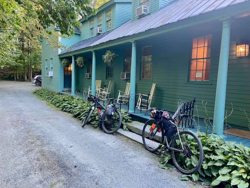 Bikes leaning against front porch of Inn in Woodstock Vermont