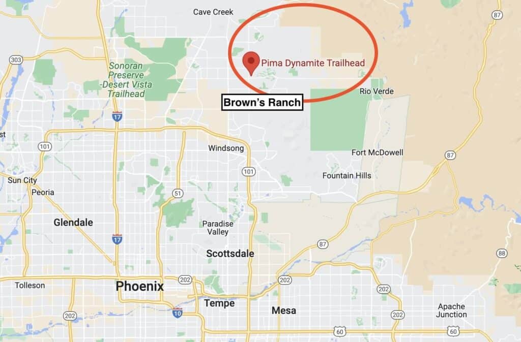 Map showing where Brown's Ranch is located north of Phoenix