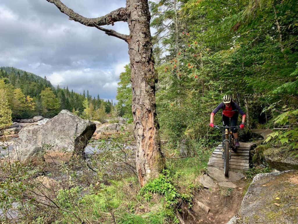 Mountain biker exiting the forest on a wooden ramp at Vallee Bras-du-Nord trail network in Quebec