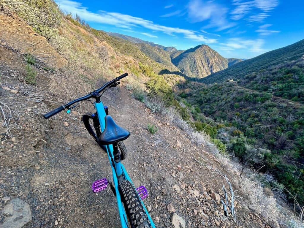 Mountain bike on Gridley Trail in Ojai with beautiful mountain and canyon views
