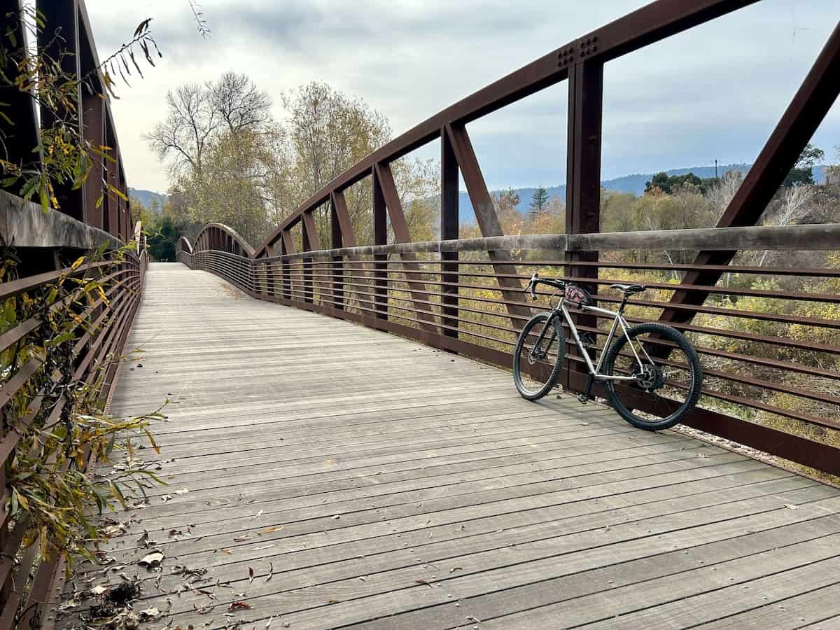 Bike leaning agains bridge rails on the Ojai Valley Trail