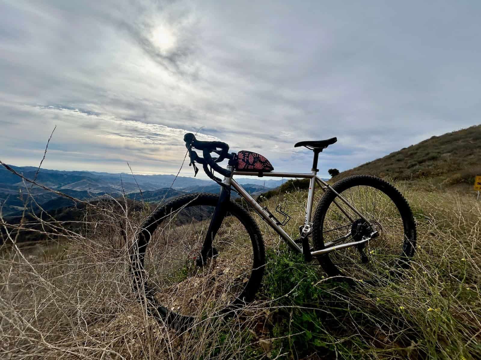 Gravel bike propped up for photo on Sulphur Mountain Trail in Ojai, California
