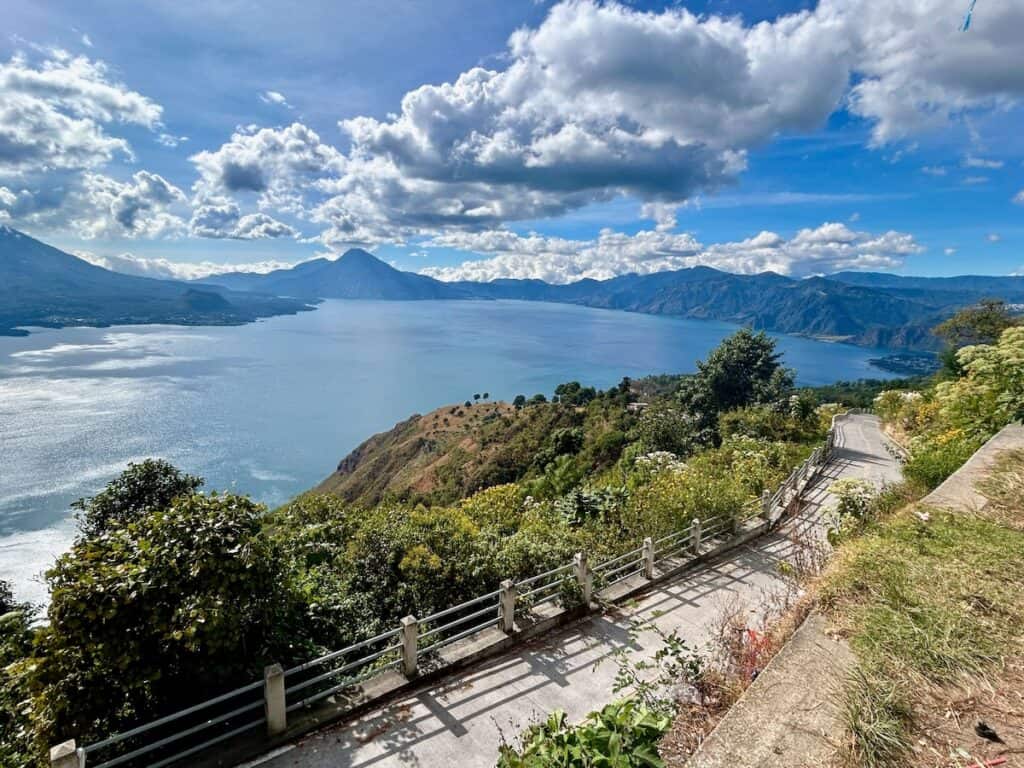 Beautiful view out over Lake Atitlan in Guatemala ringed with volcanoes
