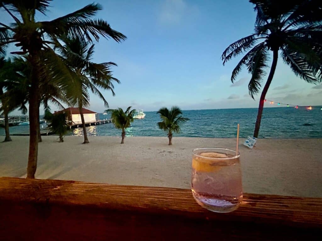 Gin and tonic on wooden railing looking out at Caribbean beach and ocean