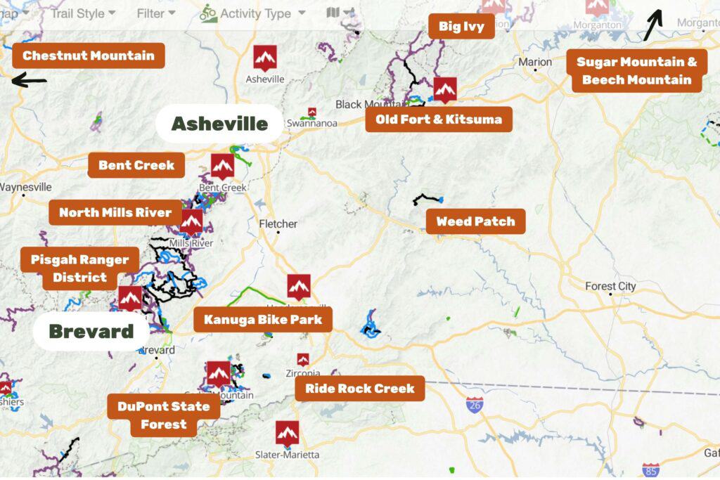 Map of mountain biking trail networks around Asheville, North Carolina