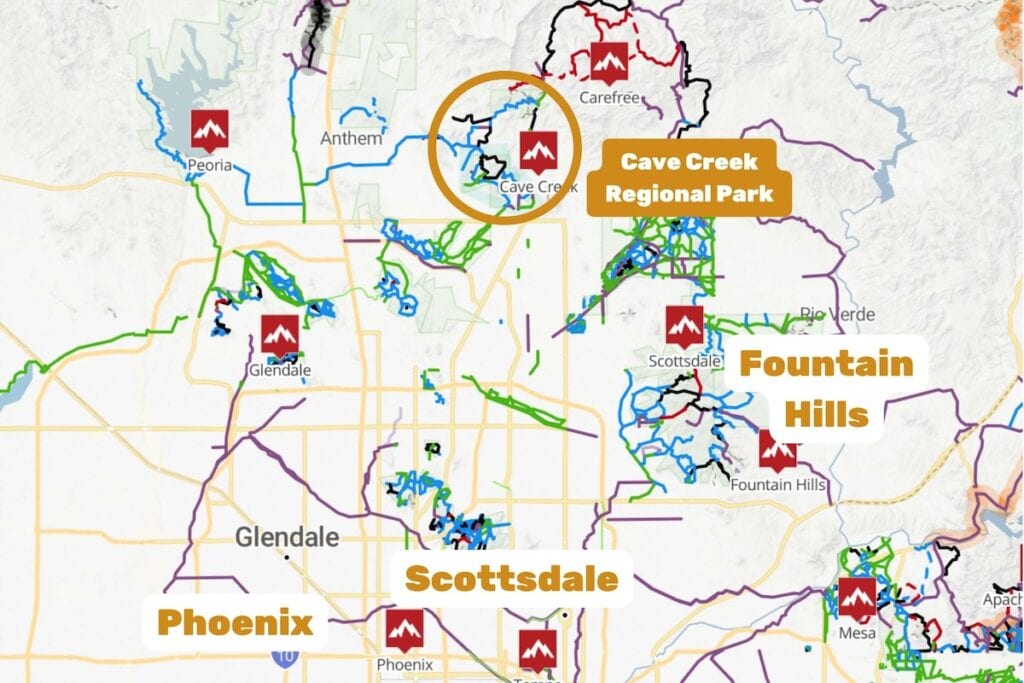 Map of location of Cave Creek in Phoenix for mountain biking