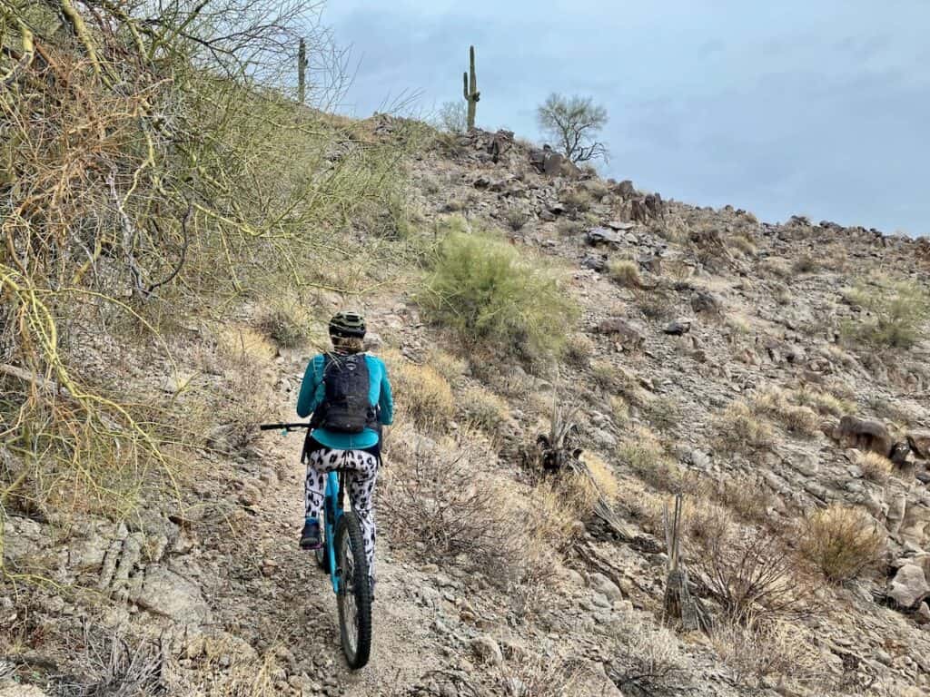 Woman riding mountain bike up trail at FINS in Phoenix