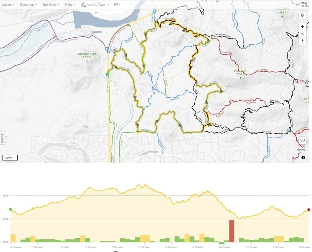 Screenshot of Hawes Mountain biking route map in Phoenix