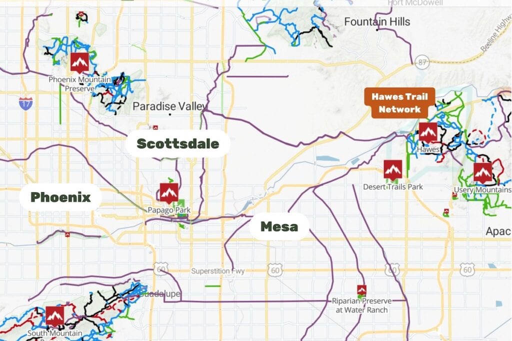 Map of Hawes mountain bike trail network in Phoenix