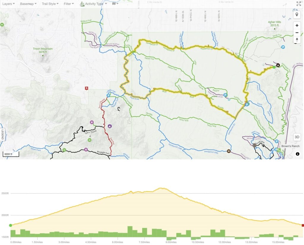 Screenshot of mountain bike route map at McDowell Mountain regional park in Phoenix