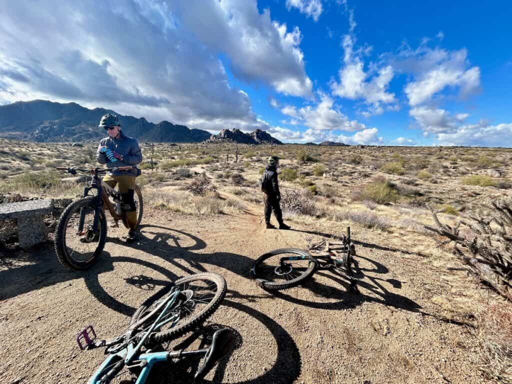Mountain bikers stopped on trail at McDowell Mountain Regional Park in Phoenix