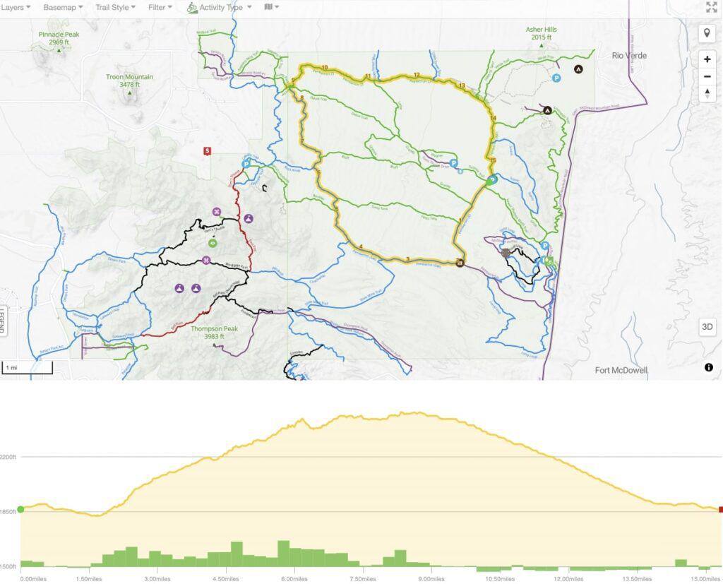 Screenshot of mountain Pemberton Loop bike route map at McDowell Mountain regional park in Phoenix